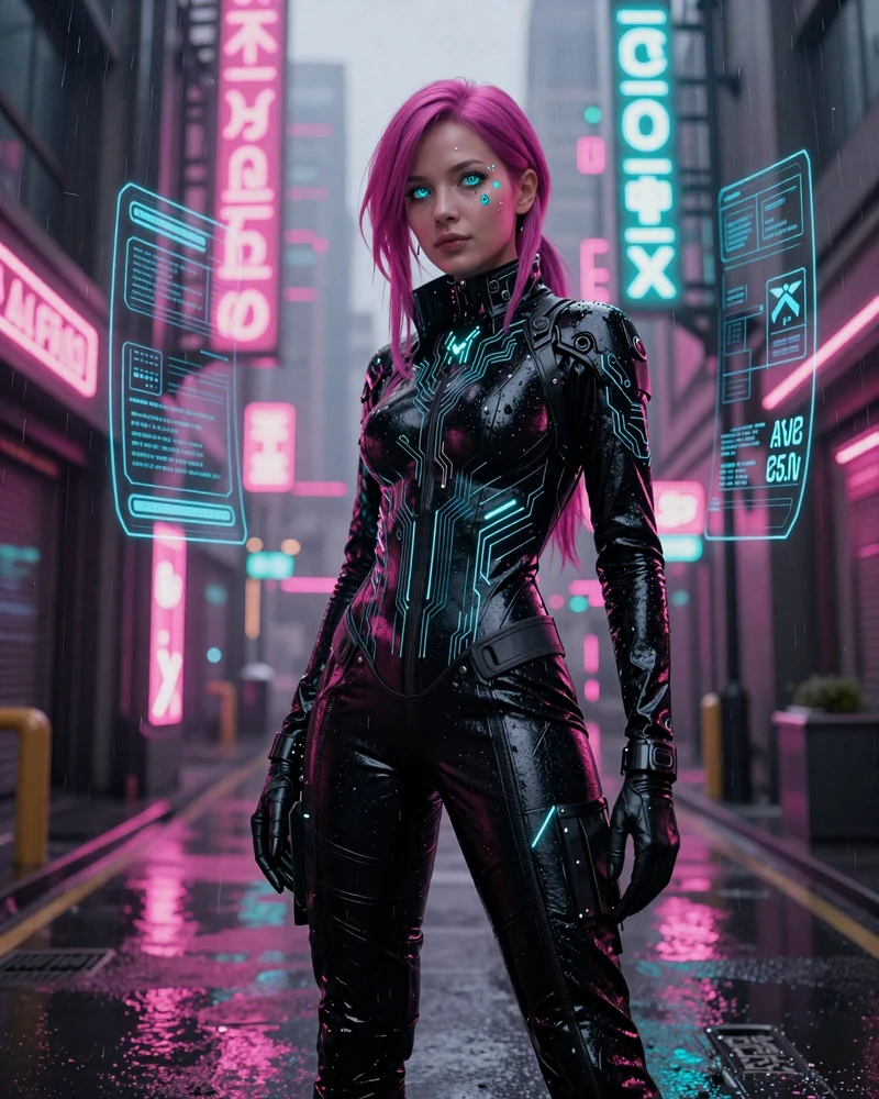 Cyberpunk Charakter Nyx in City X - XON Casino futuristische Mascot mit Neon-Effekten