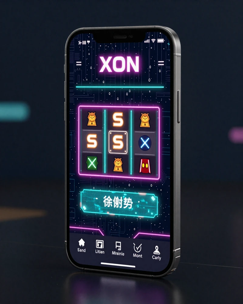 XON Casino Mobile App auf futuristischem Smartphone mit Neon-Interface